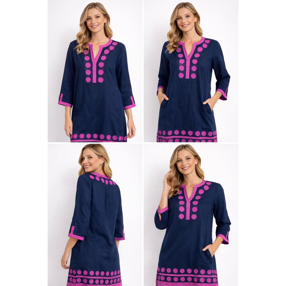 Boden Navy Blue Pink Linen Embroidered Shift Dress 3/4 Sleeve WH357 UK14R US10R